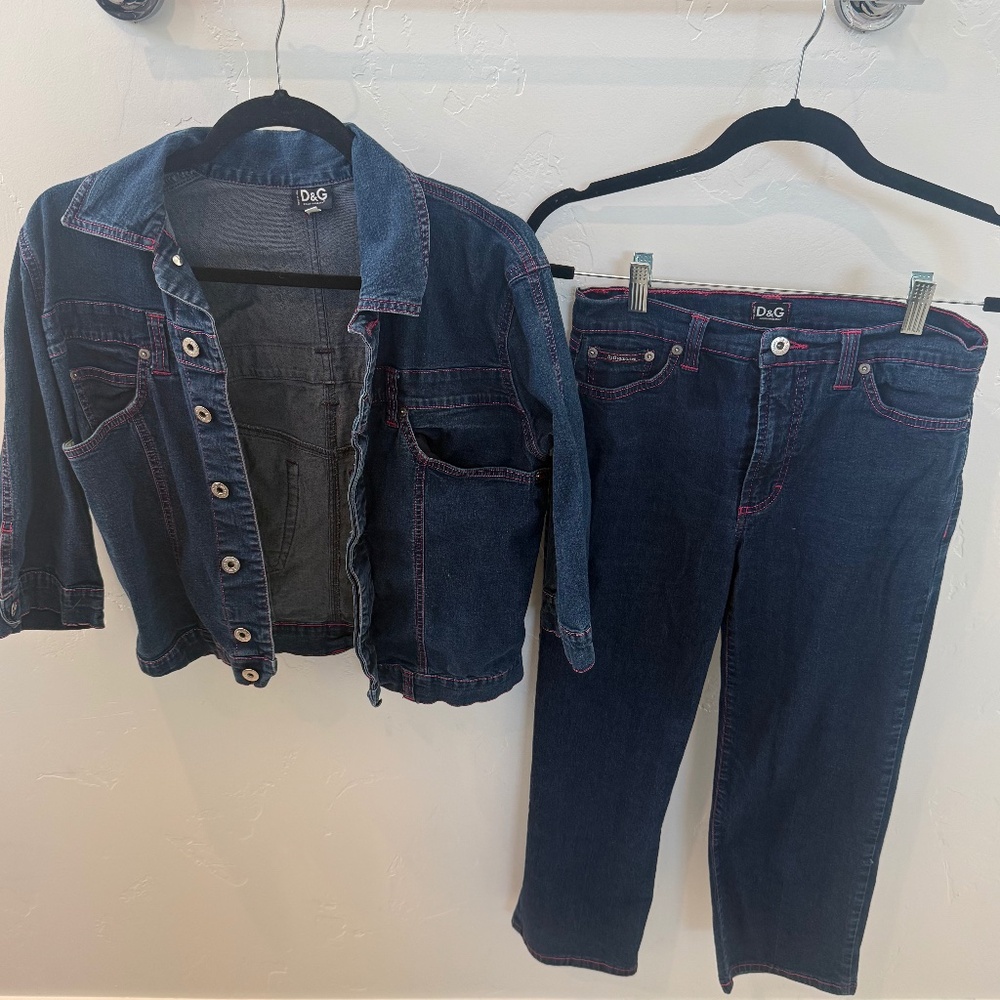 Vintage dolce and Gabbana, jean jacket and crop pants set with pink stitching